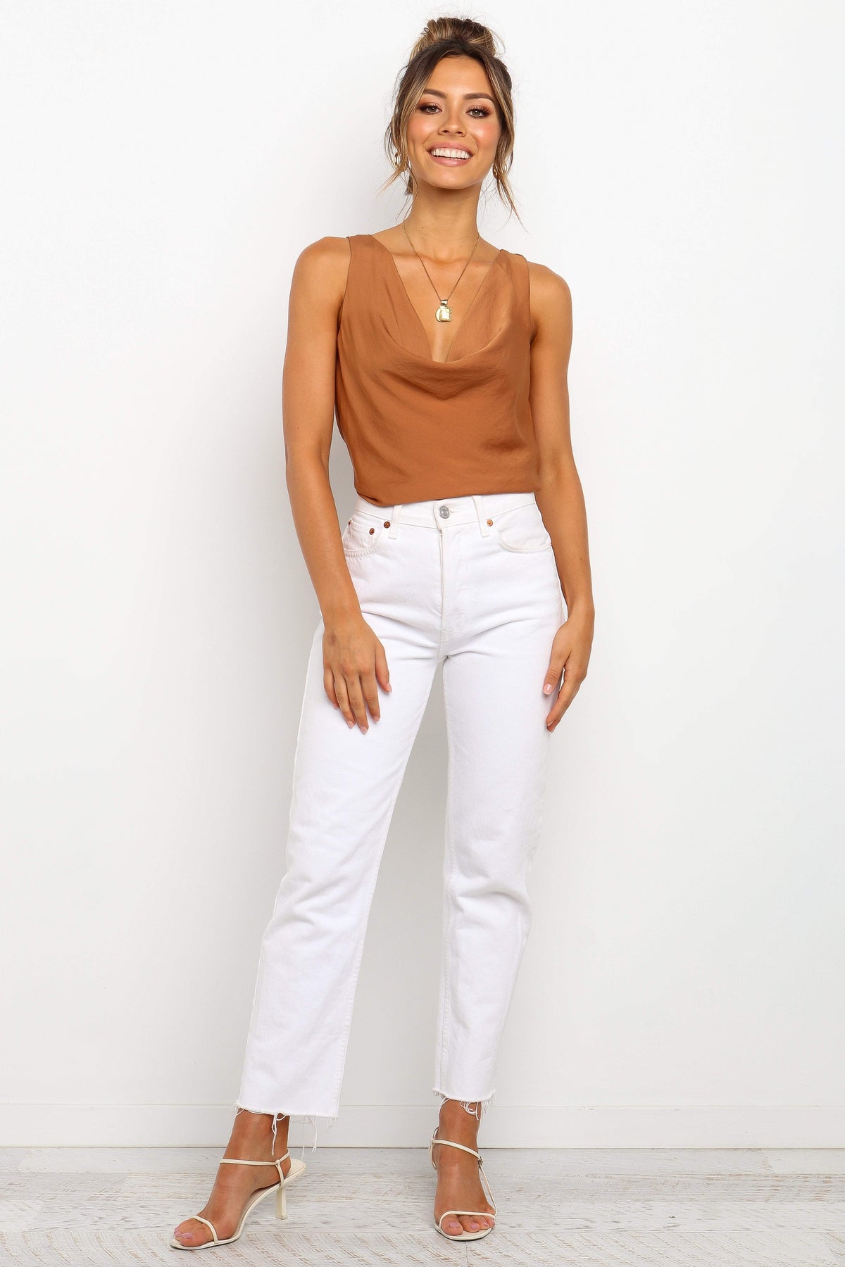 Sleeveless Cowl Neck V-Back Sheen Top