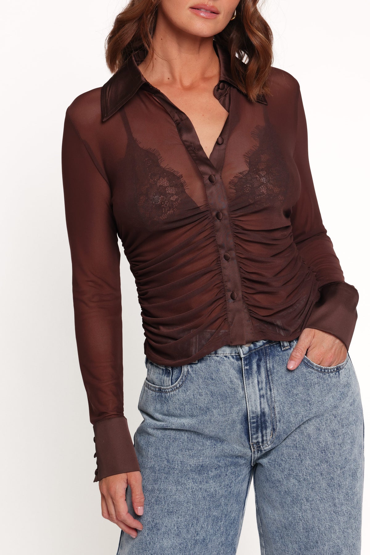 TOPS Carolyn Mesh Ruched Top - Chocolate