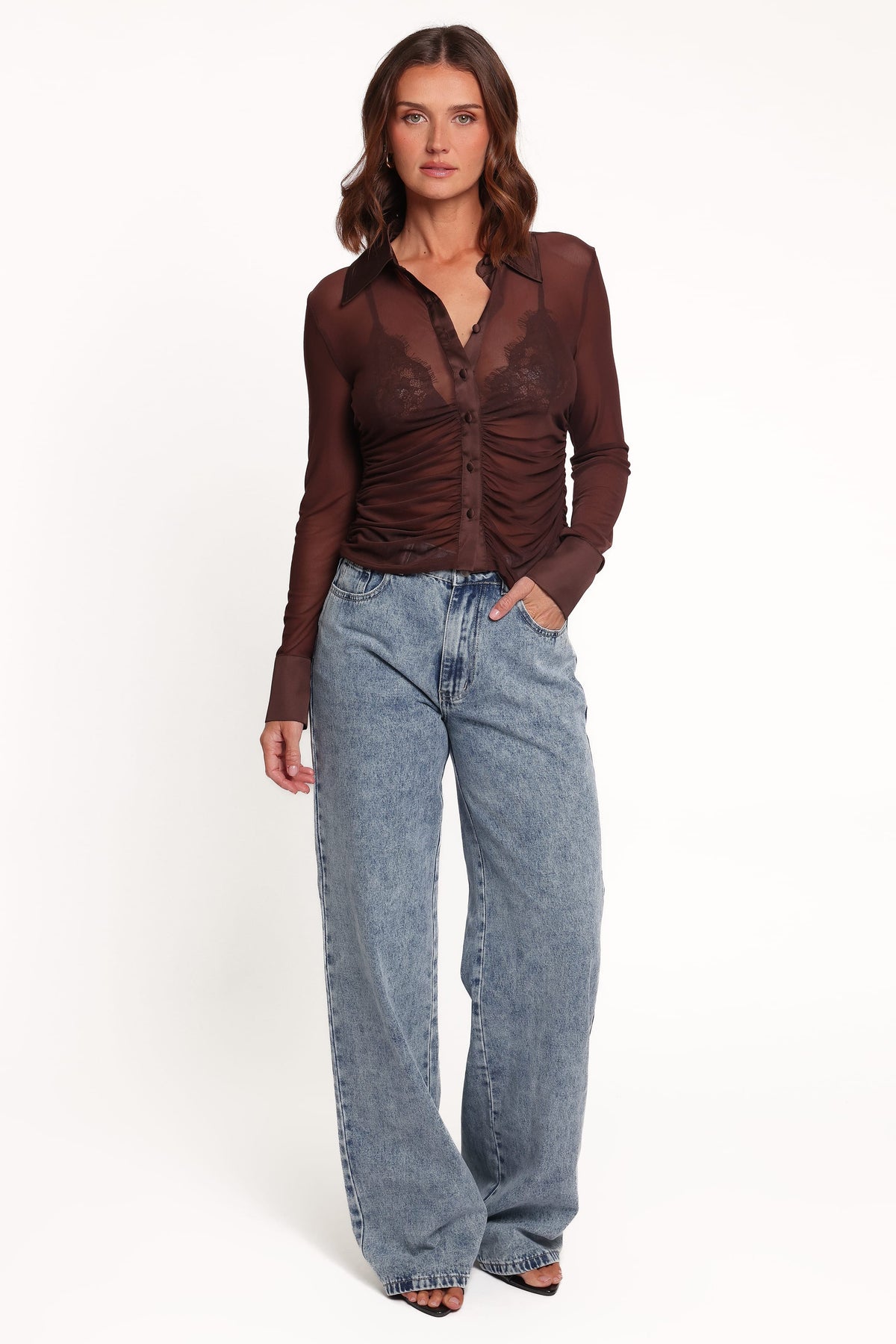 TOPS Carolyn Mesh Ruched Top - Chocolate