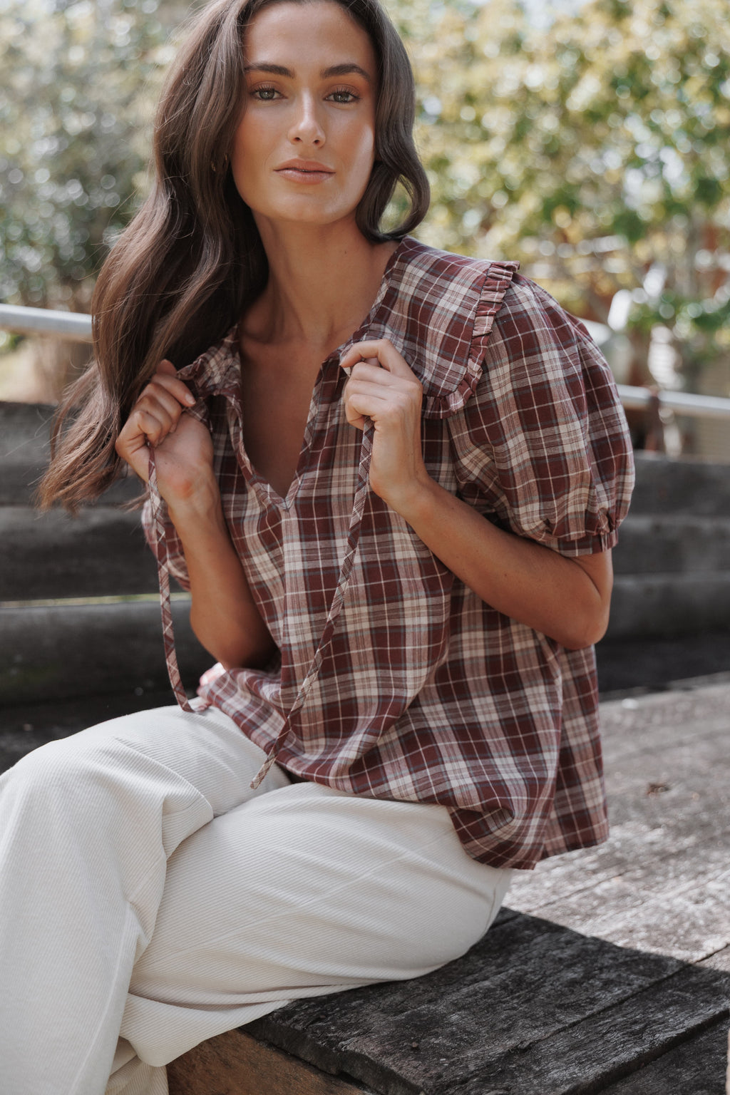 TOPS Evandri Frill Collar Top - Burgundy Plaid