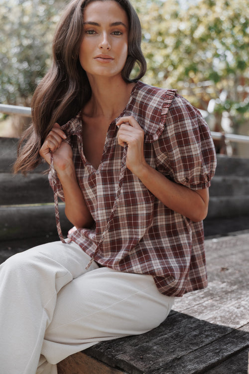 TOPS Evandri Frill Collar Top - Burgundy Plaid