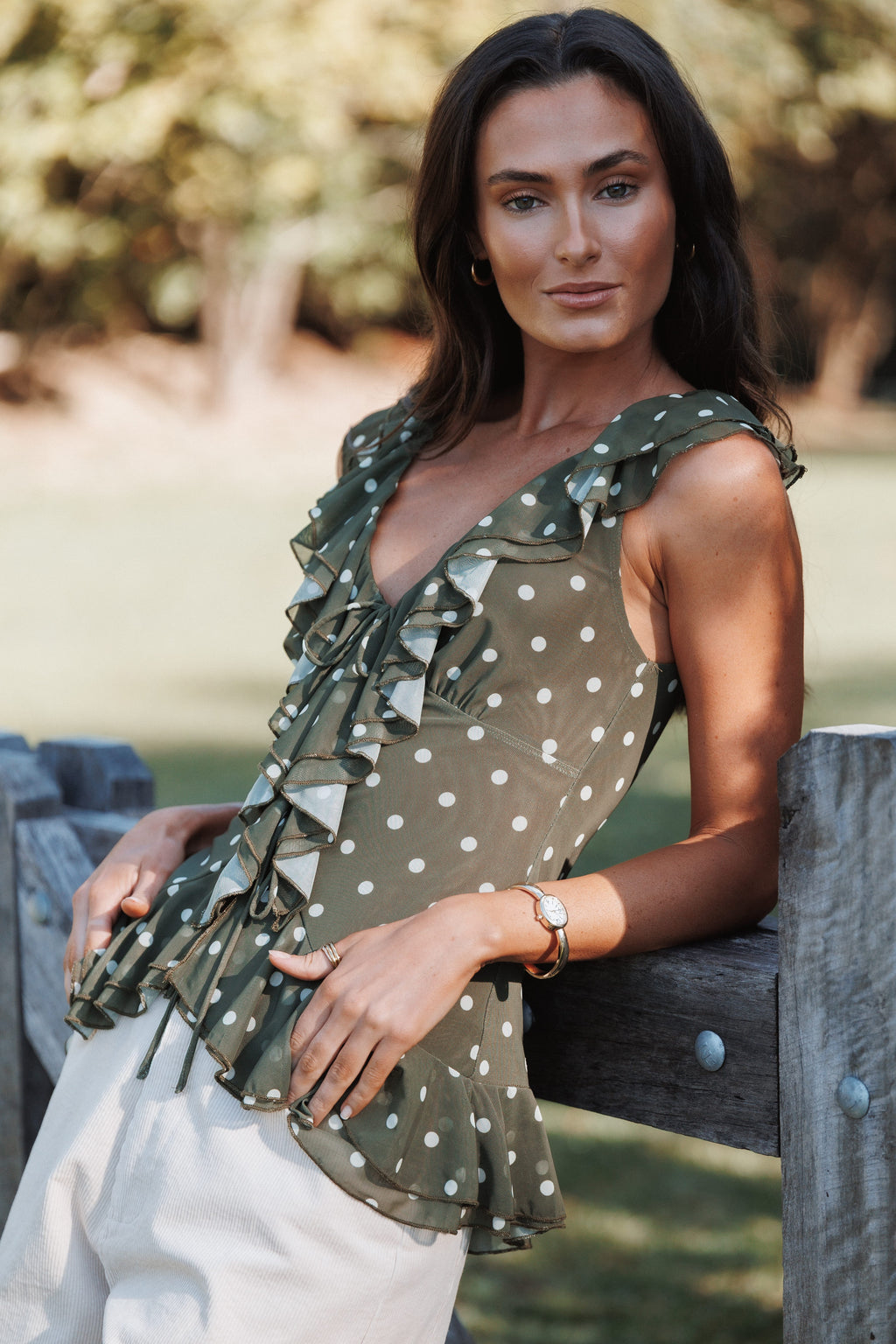 TOPS Orelia Ruffle Front Top - Olive Green Polka Dot