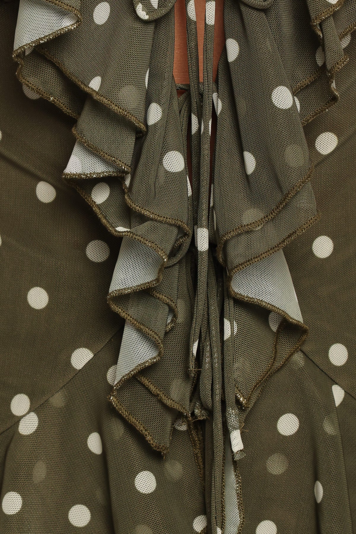 TOPS Orelia Ruffle Front Top - Olive Green Polka Dot
