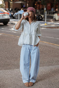 TOPS Thomas Short Sleeve Peplum Top - Yellow/Blue Stripe